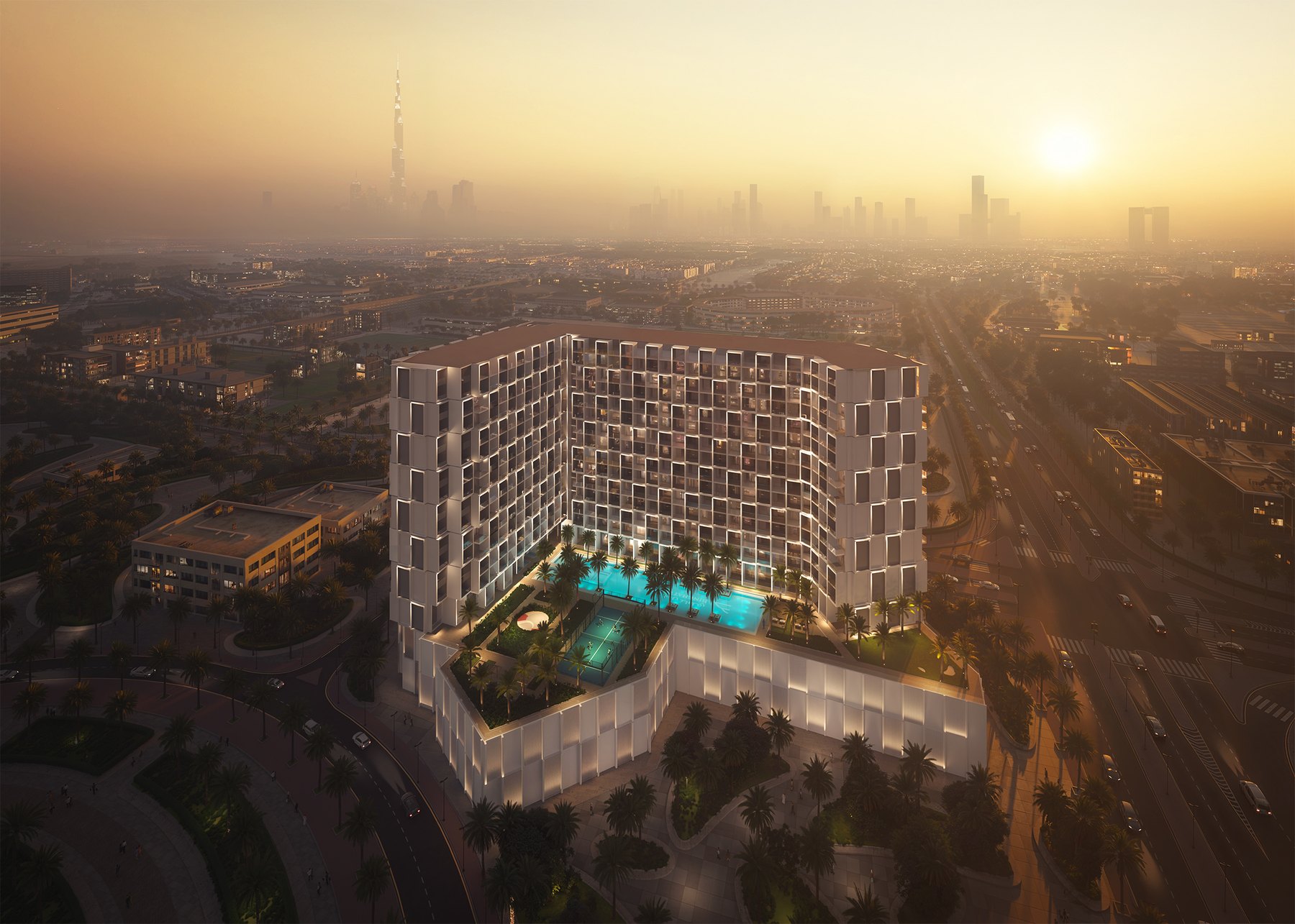 Die Kurve bei Sonnenuntergang, Downtown Dubai dahinter