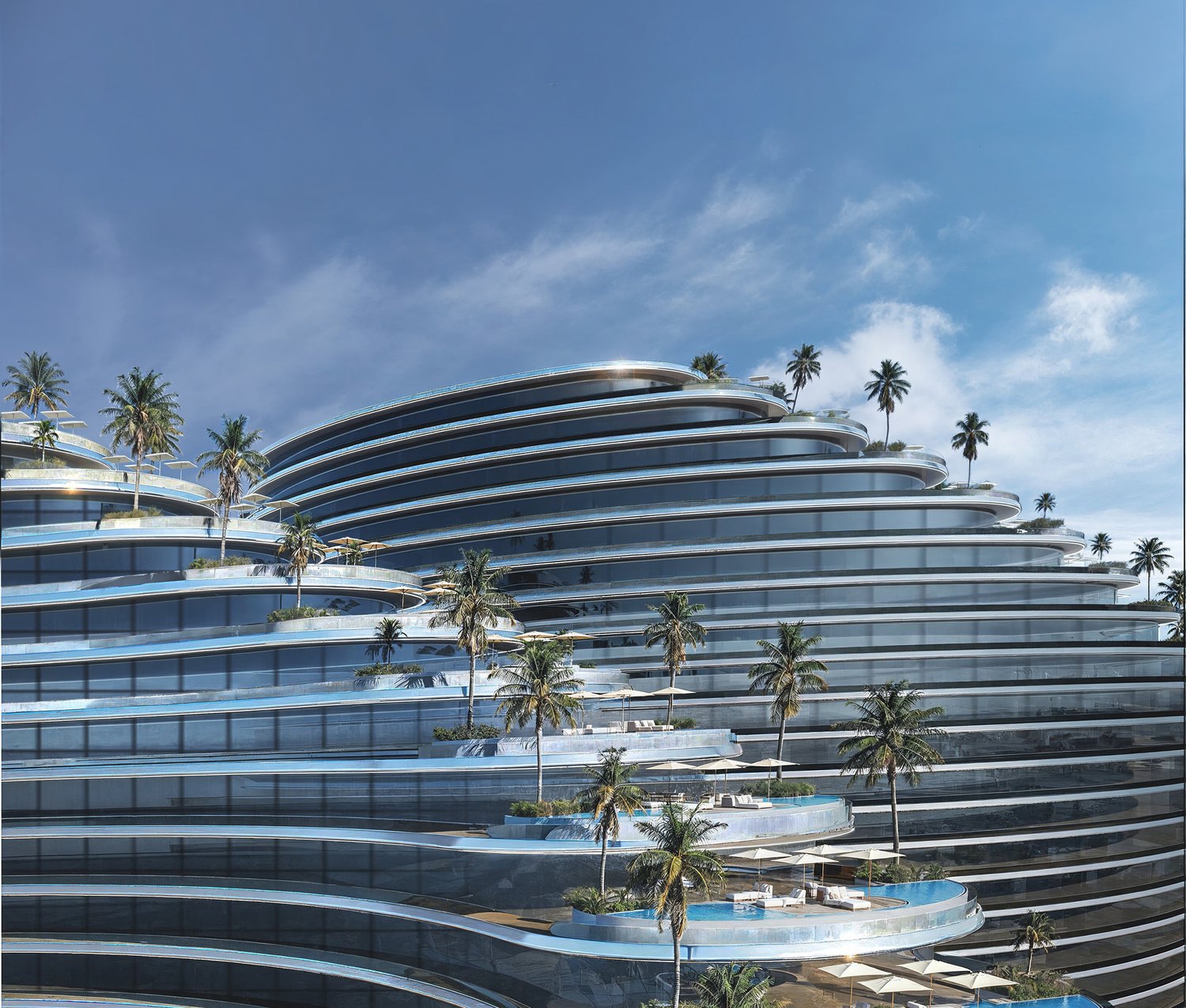 Resort-Podium, Pools und begrünte Terrassen