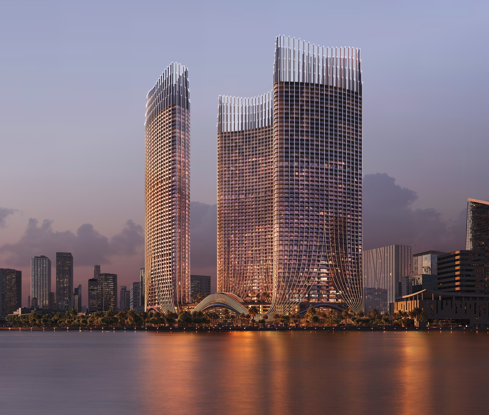 سه برج هنگام غروب بر فراز Business Bay
