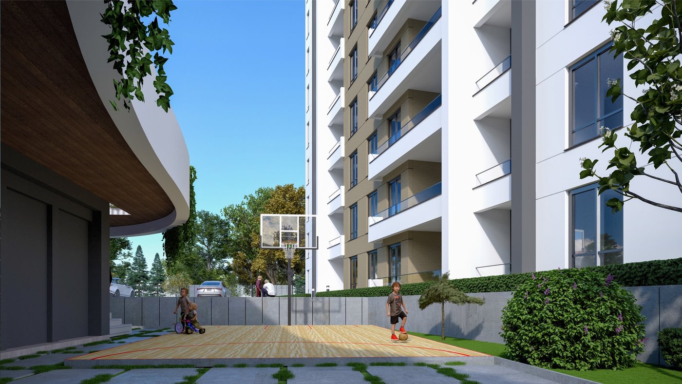 Bloklar arasında peyzajlı bahçeler ve bahçe terasları